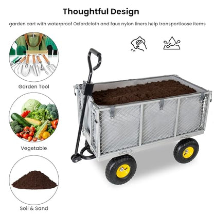 3-in-1 Oversized Steel Garden Cart 880lbs Pullable Mesh Metal Utility Cart All-Terrain Wagon with Removable Liner Side Panels Mesh Tray for Lawn Patio Landscaping (Gray + Steel) - color: Gray + Steel