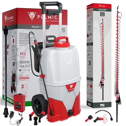PULMIC Pegasus 35L Electric Sprayer with Wheels + 5M Telescopic Spray Wand, 18V Lithium Battery, 3-Speed Pressure up to 58 PSI, 6M Hose, Heavy-Duty Agricultural Weed Sprayer Kit for Lawn & Garden