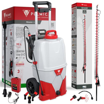 PULMIC Pegasus 35L Electric Sprayer with Wheels + 5M Telescopic Spray Wand, 18V Lithium Battery, 3-Speed Pressure up to 58 PSI, 6M Hose, Heavy-Duty Agricultural Weed Sprayer Kit for Lawn & Garden