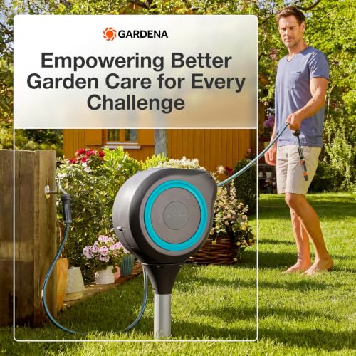 GARDENA Automatic Retractable Garden Hose Reel - 50 Feet - 360 Degree Swivel Outdoor Hose Reel with Metal Spike Base - Auto Retract - UV Resistant Housing - Easy Install No Tools Required - 18604 - size: 50 ft