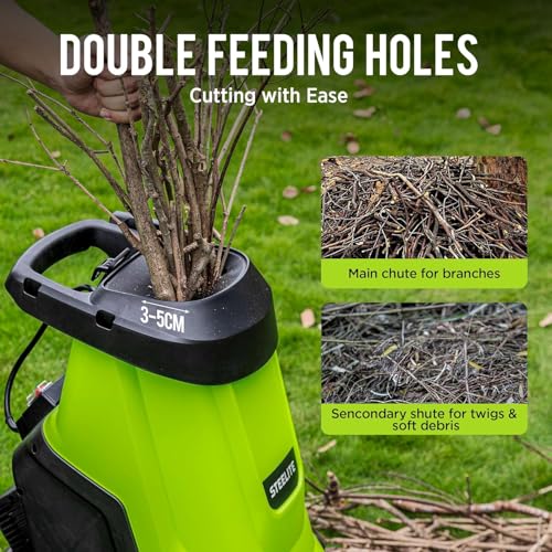 Steelite 1.8" 15 Amp Electric Wood Chipper, 55L Collection Bin Electric Mulcher Chipper Shredder, Wood Chipper with Max 4000RPM Motor Speed, Easy-Cleanup Dual Steel Blades for Twigs and Branches - color: dark green
