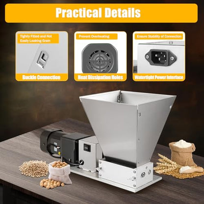 Electric Grain Mill Grinder 60W, Automatic Dry Cereal Malt Mill 11LB, Stainless Steel Corn Crusher, Feed Flour Grinder with 4 PCS Hoppers for Wheat Barley - size: 11.1Gal Electric