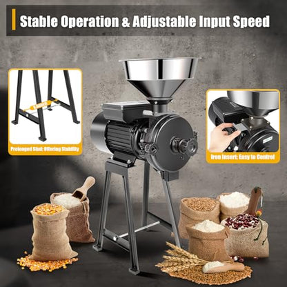 Electric Grain Grinder Mill,110V 1500W Commercial Corn Mill Grinder Machine Feed Mill Wheat Grinder, Thickness Adjustable Flour Mill Cereals Grinder with Stainless Steel Funnel 1400r/m - color: Dry & Wet Grinder All Black