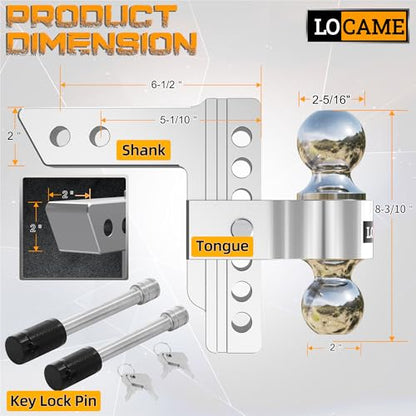 LOCAME Adjustable Trailer Hitch, Fits 2-Inch Receiver, 6-Inch Drop/Rise Aluminum Drop Hitch,12,500 LBS GTW-Tow Hitch for Heavy Duty Truck with Double Stainless Steel Locks, Silver - color: Silver, size: 2" 6drop