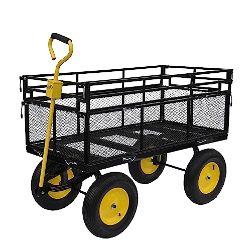 Heavy-Duty Iron Garden Cart Wagon with 1100 lbs Capacity, 15 inch Pneumatic Tires for Firewood, Debris & Outdoor Tasks - 55" L x 24" W x 46.8" H,Yellow & Black - size: 1100 LBS