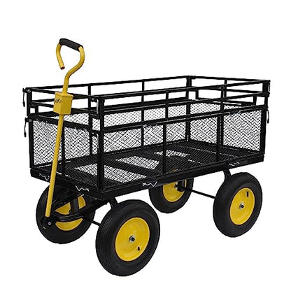 Heavy-Duty Iron Garden Cart Wagon with 1100 lbs Capacity, 15 inch Pneumatic Tires for Firewood, Debris & Outdoor Tasks - 55" L x 24" W x 46.8" H,Yellow & Black - size: 1100 LBS