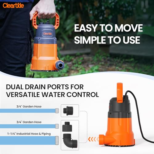 Cleartide Submersible Utility Water Pump, 2160 GPH Portable Sump Pump with Copper Motor, Plug and Work for Pond, Garden Watering, Pool Transfer, or Hot Tub Emptying - style: 1/4 HP Sump Pump