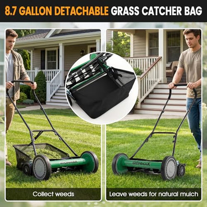IRONMAX 18 Inch 5-Blade Push Reel Mower, Removable Grass Catcher, Green - color: Green, size: 18 Inch