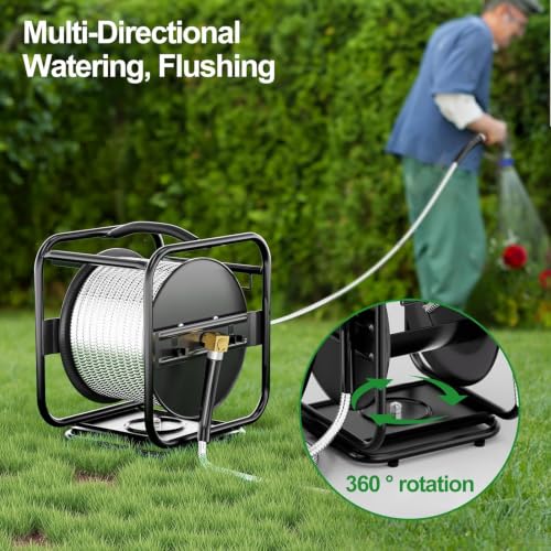 SPECILITE Garden Hose Reel With 100Ft Metal Water Pipe, 360° Rotation Frame - size: 100 FT