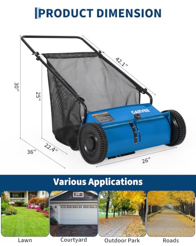 26" Push Lawn Sweeper, 7 Cu.Ft. Hopper, 3 V-Shaped Brushes, Height Adjustable - color: Blue, size: 26in