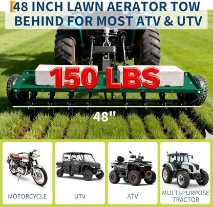 48'' Tow Behind Plug Aerator, Heavy Duty Pull Behind Plug Aerator with Universal Hitch, 3 in Spikes and Inflatable Wheels for Gardens, Lawns, Farms, Green - color: Green