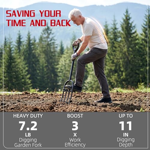 Garden Fork, Pitchforks for Digging Composting Spading, Long Hand Tiller & Cultivator - 5 Tine, 45 inches