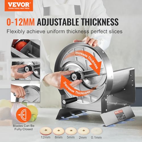 VEVOR Manual Vegetable Fruit Slicer, 0-0.5"/0-12mm Thickness Adjustable Commercial Slicer Machine, Stainless Steel Food Cutter Slicing Machine with 2 Spare Blades, for Potato, Cucumber, Lemon, Tomato - size: Manual-Vegetable-Stainless Steel