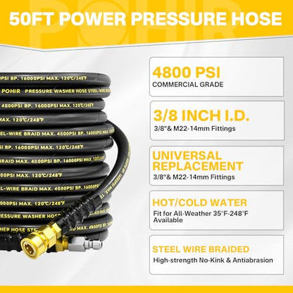 3/8'' 4800PSI Pressure Washer Hose and Gun 50FT