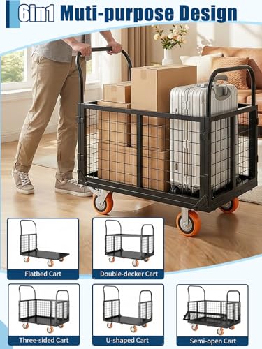 GarveeTech Platform Truck with Cage, 6-in-1 Multi-Purpose Flatbed Cart - color: Black