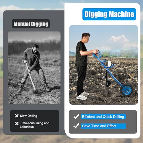63CC 2 Stroke Auger Post Hole Digger, 3HP Gas Powered Earth Auger Borer Ground Drill Gasoline Earth Auger Wheelbarrow with 11" Bit, Digging Machine for Fence Ground Drill Garden Tree Planting (Blue) - color: Blue