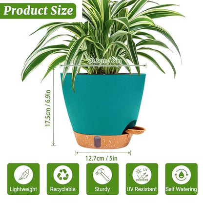 2 Pack 8 inch Plant Pots, Plastic Self Watering Planters - color: Turquoise, size: 8 Inch