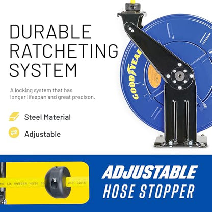 GOODYEAR Air Hose Reel Retractable 3/8" Inch x 50' Feet Long Premium Commercial SBR Hose Max 300 Psi Reinforced Steel Construction Heavy Duty Spring Driven Industrial Dual Arm & Pedestal