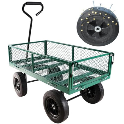 1000 lbs Heavy Duty Steel Garden Cart, 2-in-1 Convertible Utility Wagon with Removable Mesh Sides & Flatbed, 10" Solid No-Flat Tires, 180° Rotating T-Handle Yard Cart for Lawn, Farm, Warehouse,Green - color: Green