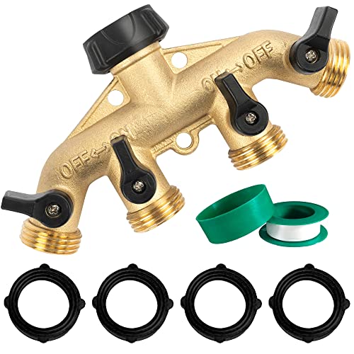 Hourleey Brass 4 Way Heavy Duty Garden Hose Splitter, Water Hose Splitter for 3/4" Hose Connector, Hose Faucet Splitter Hose Spigot Adapter 4 Valves with 4 Rubber Washers & Tape - size: 1 Pack (4-Way)