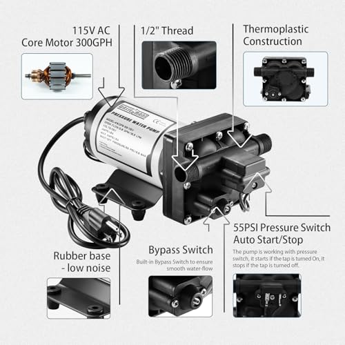 WASSERMANN RV Water Pumps Pressure Pump 115V AC with Pressure Switch, Self-priming Water Pump 5.0GPM 55PSI, Fresh Water Pump for RV Kitchen Barthroom Marine Yacht Garden Diaphragm Pump - color: White05