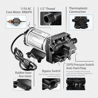 WASSERMANN RV Water Pumps Pressure Pump 115V AC with Pressure Switch, Self-priming Water Pump 5.0GPM 55PSI, Fresh Water Pump for RV Kitchen Barthroom Marine Yacht Garden Diaphragm Pump - color: White05