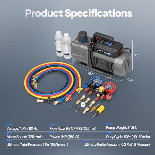 VIVOHOME A2L 1 HP 9.6CFM 2 Stage AC Vacuum Pump and Manifold Gauge Set - size: 9.6 CFM