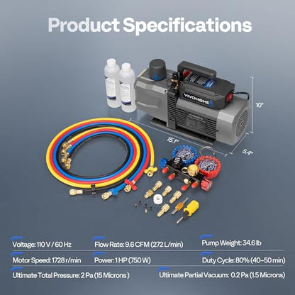 VIVOHOME A2L 1 HP 9.6CFM 2 Stage AC Vacuum Pump and Manifold Gauge Set - size: 9.6 CFM