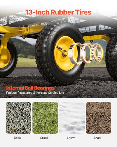 VEVOR Steel Garden Cart, 1200 lbs Heavy Duty Pullable Garden Wagon Yard Cart, 2 in 1 Outdoor Metal Utility Wagon Yard Trailer with 13" All Terrain Tires, Mesh Detachable Sides and 180° Rotating Handle - color: Yellow + Black