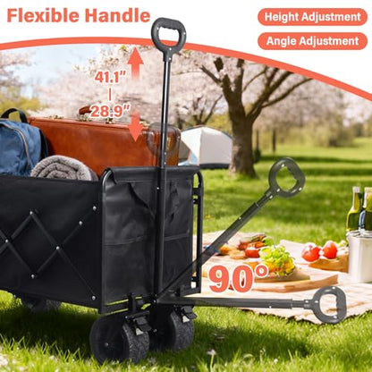Collapsible Wagon Cart with All-Terrain Wheels - Folding Utility 600LBS Heavy Duty Wagons Carts for Grocery Sports Garden Shopping Camping Fishing (Black, 220L) - size: 600LBS