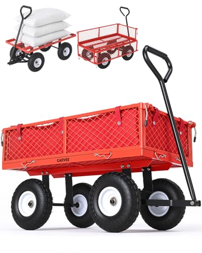 Heavy Duty 400 lbs Garden Cart Wagon – Steel Utility Yard Cart – 10" All-Terrain Pneumatic Tires – Removable Mesh Sides, Waterproof Liner – Easy Maneuvering for Lawn, Farm, Outdoor - color: Red