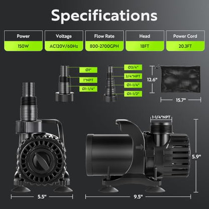150W Pond Pump, Adjustable Flow 800~2,7800GPH Fountain Pump - size: 150W