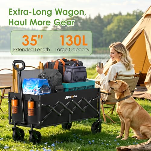 Blomoba 35" Extra Long Folding Wagon with Adjustable Handle & Wheels, Black - color: Black