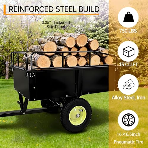 750LB Heavy Duty Steel Utility Dump Cart, 15 Cu. Ft Garden Trailer with Removable Sides, Raised Rails, Tailgate & Hitch, Tow Behind for Lawn Tractors, ATVs, Mowers – Rugged Outdoor Yard Wagon - color: Black + Yellow