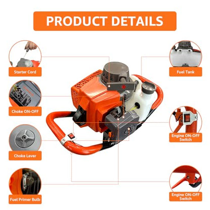 72CC Auger Post Hole Digger Gas Powered w/ 3 Bit & 2 Rods - color: 4" & 8" & 12" Auger Bits + 24“ & 24" Ext Rod