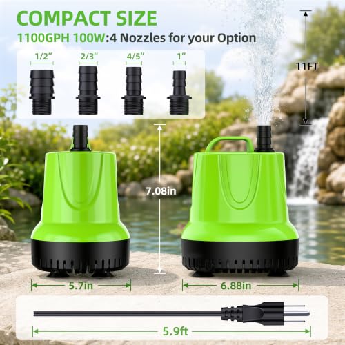FREESEA Durable Small Pond Pump: 365+ days Continuous Operation - size: 100W/1100GPH