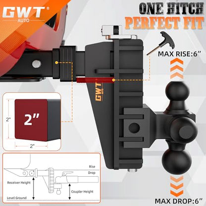 GWTAUTO Adjustable Trailer Hitch with Hook, Tri-Ball (1-7/8" x 2" x 2-5/16") Drop Hitch, Fits 2-Inch Receiver, 6 Inch Drop Hitch, 17000 LBS GTW Tow Hitch for Heavy Duty Truck, Solid Ball Mount - size: 2.0 Inch