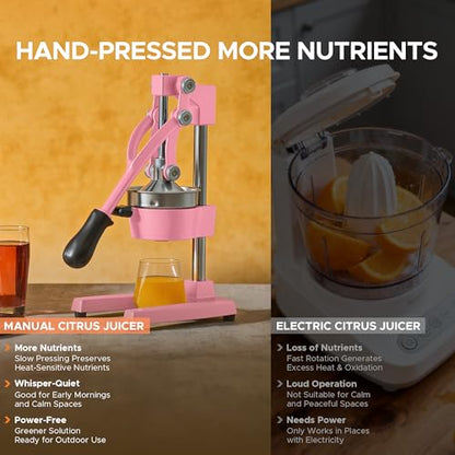 CO-Z Manual Citrus Juicer, Heavy-Duty Manual Juicer with Conical & Flat Pressure Plates, Professional Lemon Squeezer for Orange Pom Lime Lemon Juice, Dishwasher Safe Juice Press, Pink - color: Pink