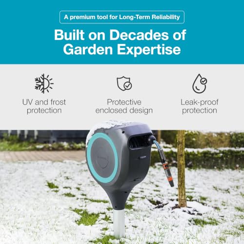 GARDENA Automatic Retractable Garden Hose Reel - 50 Feet - 360 Degree Swivel Outdoor Hose Reel with Metal Spike Base - Auto Retract - UV Resistant Housing - Easy Install No Tools Required - 18604 - size: 50 ft
