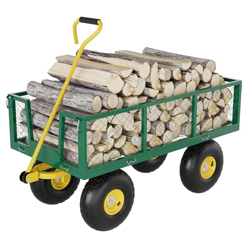 900 Lbs Garden Wagon, 2-in-1 Heavy-Duty Steel Garden Cart, with 10 Inch All-Terrain Tires and Removable Mesh Side Panels, 180° Rotating Handle, Metal Utility Yard Trailer, Outdoor Gardens Wagon Cart - color: Green + Yellow, size: 900 Lb