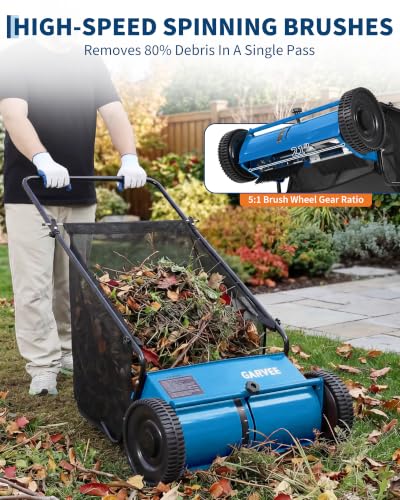 21" Push Lawn Sweeper with 6 Cu.Ft. Leaf & Grass Hopper Collector Bag - color: Blue, size: 21in
