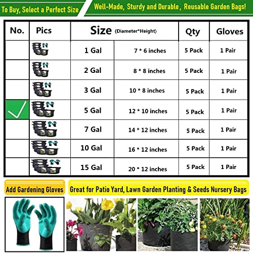 5-Pack 5 Gallon Thickened Plant Grow Bags (12x10 inch) Fabric Plant Pots for Flower Pot,Potato Tomato Planters,Herbs Veggies Planter Bag,Garden Pot,Barrel Planter,Plant Container with Gardening Gloves - size: 5 Gallon (12x10 inches)