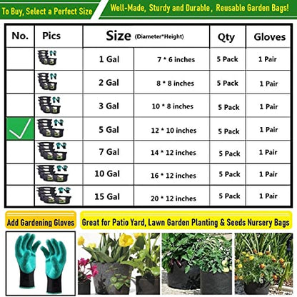 5-Pack 5 Gallon Thickened Plant Grow Bags (12x10 inch) Fabric Plant Pots for Flower Pot,Potato Tomato Planters,Herbs Veggies Planter Bag,Garden Pot,Barrel Planter,Plant Container with Gardening Gloves - size: 5 Gallon (12x10 inches)