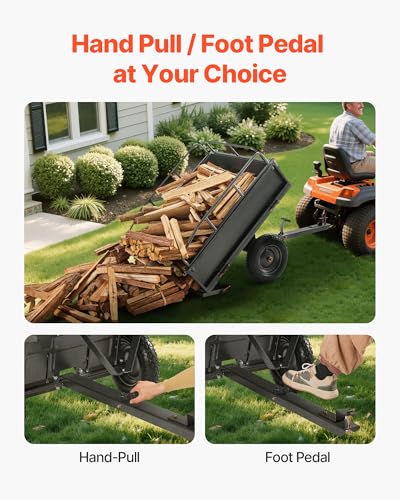 VEVOR 10 Cu.Ft. & 500lbs ATV Trailer Dump Cart Tow Behind, Heavy Duty Utility UTV Trailer, Tow Behind Steel Yard Dump Wagon Cart with 14" Tires for Lawn Mower Tractor - color: Black