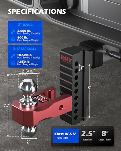 OMT Adjustable Trailer Hitch for 2.5" Receiver, 18500 LBS Drop Hitch - color: Red, size: 2.5" Shank & 8" Drop
