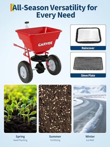 TrailBlaze 85 lbs Tow-Behind Broadcast Spreader for Lawn & Farm – 10" Pneumatic Tires – Adjustable Stream Control – Red Steel Bucket & Frame – Ideal for Fertilizer, Seed, Salt, Ice Melt