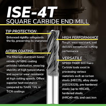 SPEED TIGER Micrograin Carbide Square End Mill - 4 Flute - ISE5/16 4T (1 Piece, 5/16") - for Milling Alloy Steels, Hardened Steel, Metal & More – Mill Bits Sets for DIYers & Professionals - size: 5/16 in