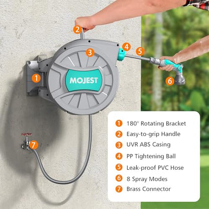 Mojest Retractable Garden Hose Reel - 1/2 in x 80 ft Wall Mounted Heavy Duty Water Hose Reel with Automatic Slow Rewind System, 2 Hose Nozzle, 180°Swivel Bracket, Dark Gray - color: Dark Gray, size: 80FT