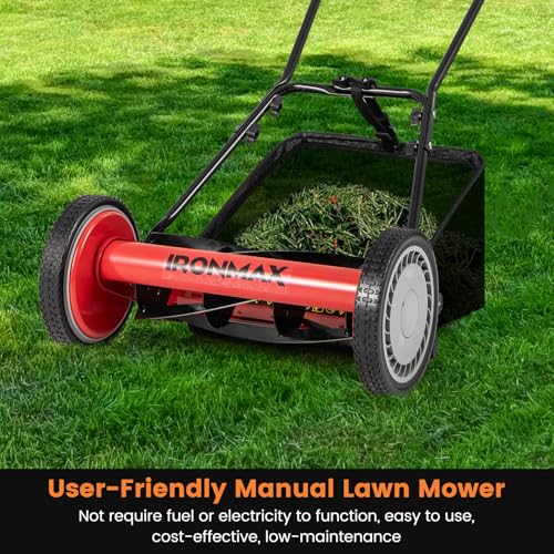 IRONMAX 16 Inch 5-Blade Push Reel Mower, Removable Grass Catcher, Red - color: Red, size: 16 Inch
