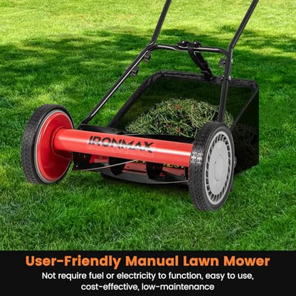 IRONMAX 16 Inch 5-Blade Push Reel Mower, Removable Grass Catcher, Red - color: Red, size: 16 Inch